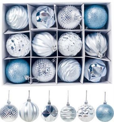 Cajas de bolas de Navidad en plateado/azul